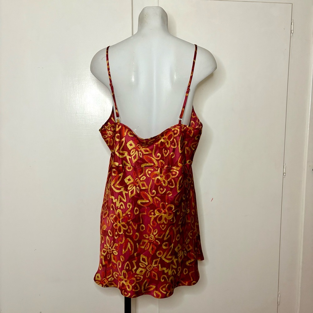 Vintage Y2K Cacique Red Gold Boho Floral Mini Slip Dress Lace Trim - Picture 4 of 5